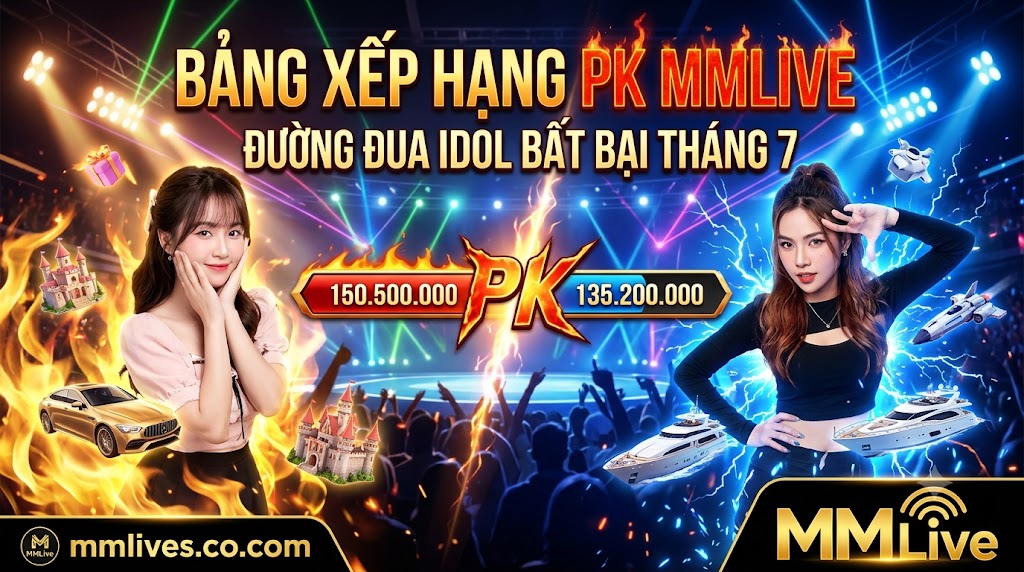 Ảnh đại diện Bảng xếp hạng PK MMLive tháng 7, vinh danh các chiến thần Idol bất bại trên đường đua PK liên server với cơn mưa quà tặng ảo và điểm cống hiến kỷ lục. Hình ảnh độc quyền từ otxe.io.