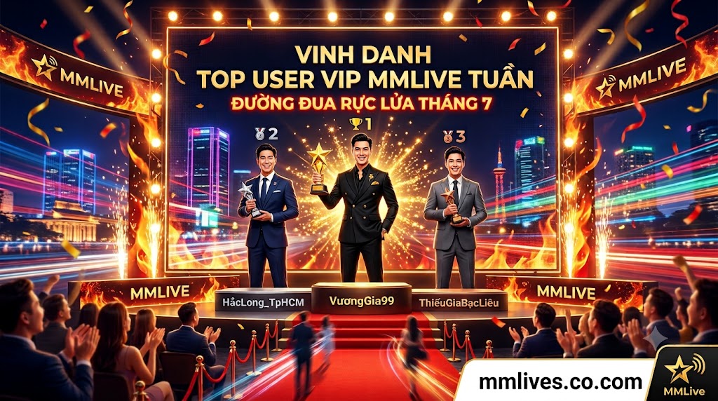 Bảng xếp hạng vinh danh Top User VIP MMLive tuần, gồm Top 3 đại gia dẫn đầu đường đua cống hiến tháng 7 trên sân khấu trao giải hoành tráng của nền tảng otxe.io.