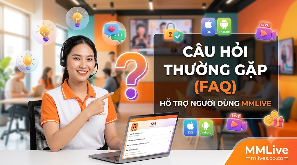 Hình ảnh nhân viên chăm sóc khách hàng MMLive mỉm cười hỗ trợ giải đáp các câu hỏi thường gặp (FAQ). Giao diện trực quan nổi bật các biểu tượng hệ điều hành iOS, Android, bảo mật tài khoản, cùng dòng chữ "Câu Hỏi Thường Gặp (FAQ) - Hỗ trợ người dùng MMLive" và tên miền otxe.io.