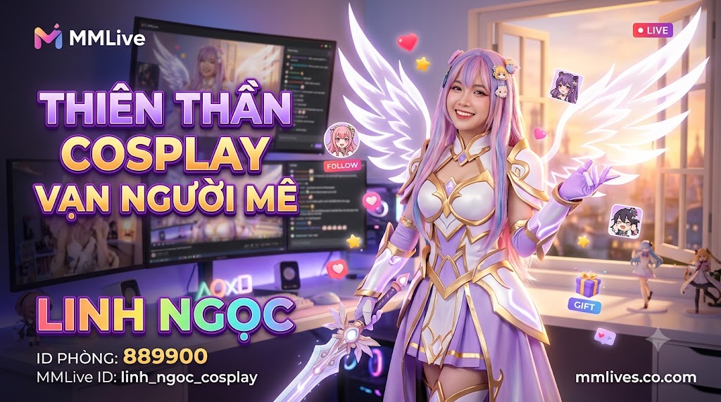 Banner hồ sơ Idol Cosplay MMLive Linh Ngọc, ID phòng 889900. Hình ảnh nữ streamer hóa trang thành nữ chiến binh thiên thần anime vô cùng xinh đẹp và lộng lẫy trong không gian phòng live, kèm dòng chữ 'Thiên thần Cosplay vạn người mê' và tên miền otxe.io.