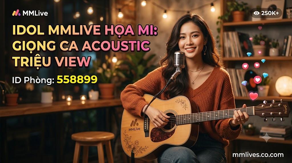 Banner hồ sơ Idol cover nhạc MMLive Họa Mi, ID phòng 558899. Hình ảnh nữ streamer xinh đẹp đang ôm đàn guitar acoustic mỉm cười trước micro trong không gian ấm cúng, kèm dòng chữ 'Giọng ca acoustic triệu view' và tên miền otxe.io.