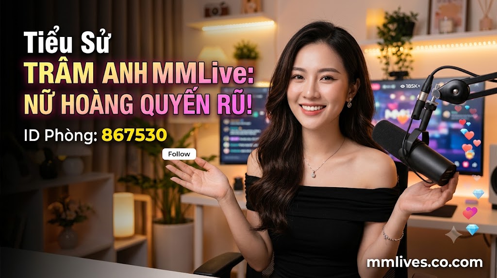 Banner hồ sơ idol Trâm Anh MMLive, giới thiệu 'Nữ hoàng quyến rũ!' với ID phòng 867530. Hình ảnh một nữ streamer trẻ mỉm cười trước thiết bị livestream, với các biểu tượng trái tim và kim cương bay lên. Bao gồm domain otxe.io.