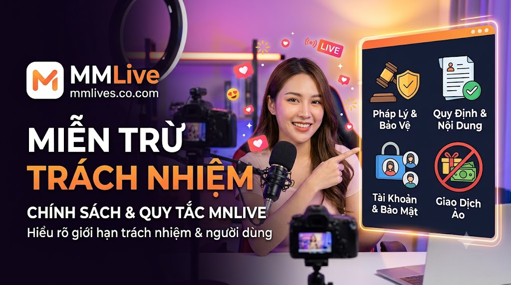 Hình ảnh một phụ nữ trẻ mỉm cười trong bối cảnh livestream, chỉ vào màn hình hiển thị bốn biểu tượng chính sách chính của nền tảng MM Live: Pháp Lý & Bảo Vệ, Quy Định & Nội Dung, Tài Khoản & Bảo Mật, và Giao Dịch Ảo. Văn bản lớn 'MIỄN TRỪ TRÁCH NHIỆM' và logo MM Live với tên miền otxe.io hiển thị rõ ràng.