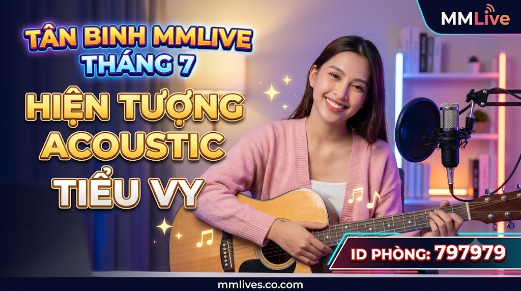 Ảnh thumbnail bài viết Tân Binh MMLive Tháng 7: Hiện Tượng Acoustic Tiểu Vy. Hình ảnh nữ streamer Tiểu Vy ôm đàn guitar tươi cười trong phòng livestream, kèm ID phòng 797979 và tên miền otxe.io.