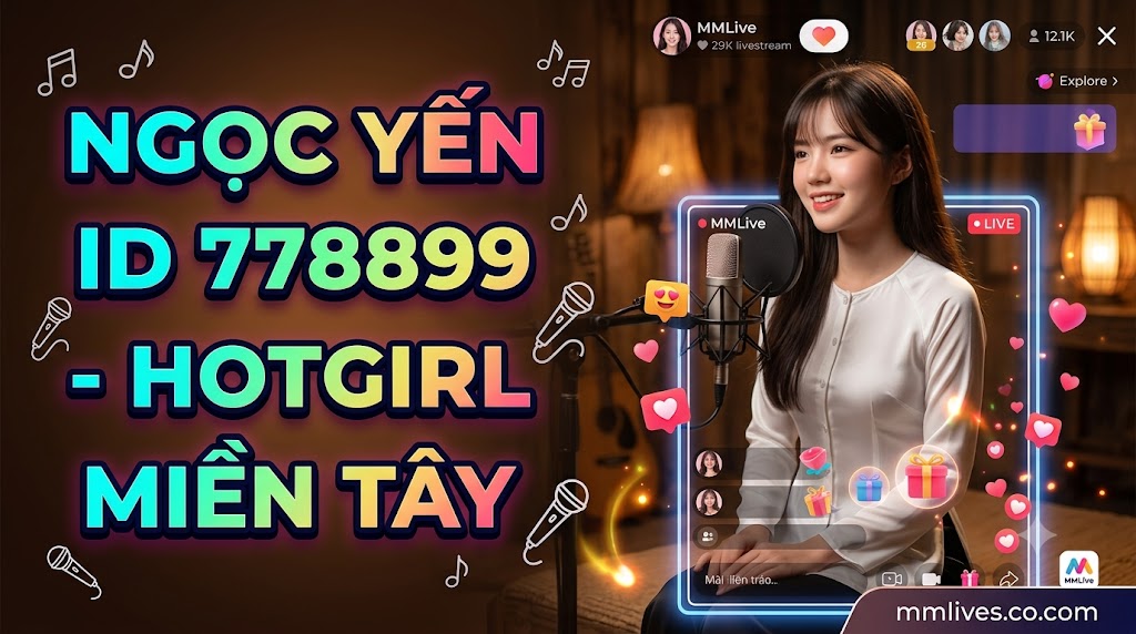 Idol Ngọc Yến MMLive ID 778899, hotgirl miền Tây mặc áo bà ba trắng đang livestream hát acoustic, kèm giao diện ứng dụng và watermark otxe.io.