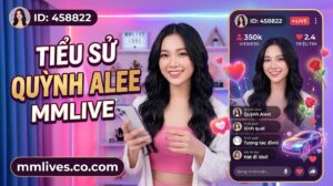 Hình ảnh giới thiệu tiểu sử Quỳnh Alee trên MMLive với ID 458822. Ảnh hiển thị Quỳnh Alee cười cầm điện thoại trong studio livestream đèn LED hồng tím. Văn bản lớn "TIỂU SỬ QUỲNH ALEE MMLIVE" và domain otxe.io được hiển thị rõ, cùng giao diện livestream bên phải với 350k người xem và 2.4 triệu tim.