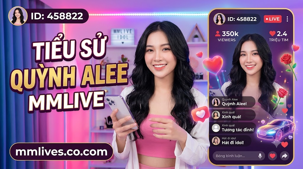 Hình ảnh giới thiệu tiểu sử Quỳnh Alee trên MMLive với ID 458822. Ảnh hiển thị Quỳnh Alee cười cầm điện thoại trong studio livestream đèn LED hồng tím. Văn bản lớn "TIỂU SỬ QUỲNH ALEE MMLIVE" và domain otxe.io được hiển thị rõ, cùng giao diện livestream bên phải với 350k người xem và 2.4 triệu tim.