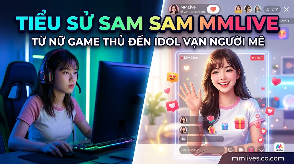 Nữ gamer MMLive Sam Sam chơi game trong phòng có đèn LED dải, bao gồm lớp phủ giao diện hồ sơ trang web và watermark 'otxe.io'.