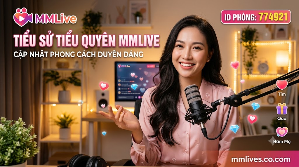 Banner tiểu sử Tiểu Quyên MMLive, cập nhật phong cách duyên dáng với ID phòng 774921. Hình ảnh nữ streamer xinh đẹp mỉm cười rạng rỡ đang ngồi trước micro trong không gian phòng live ấm áp, kèm các biểu tượng tương tác ảo và tên miền otxe.io.